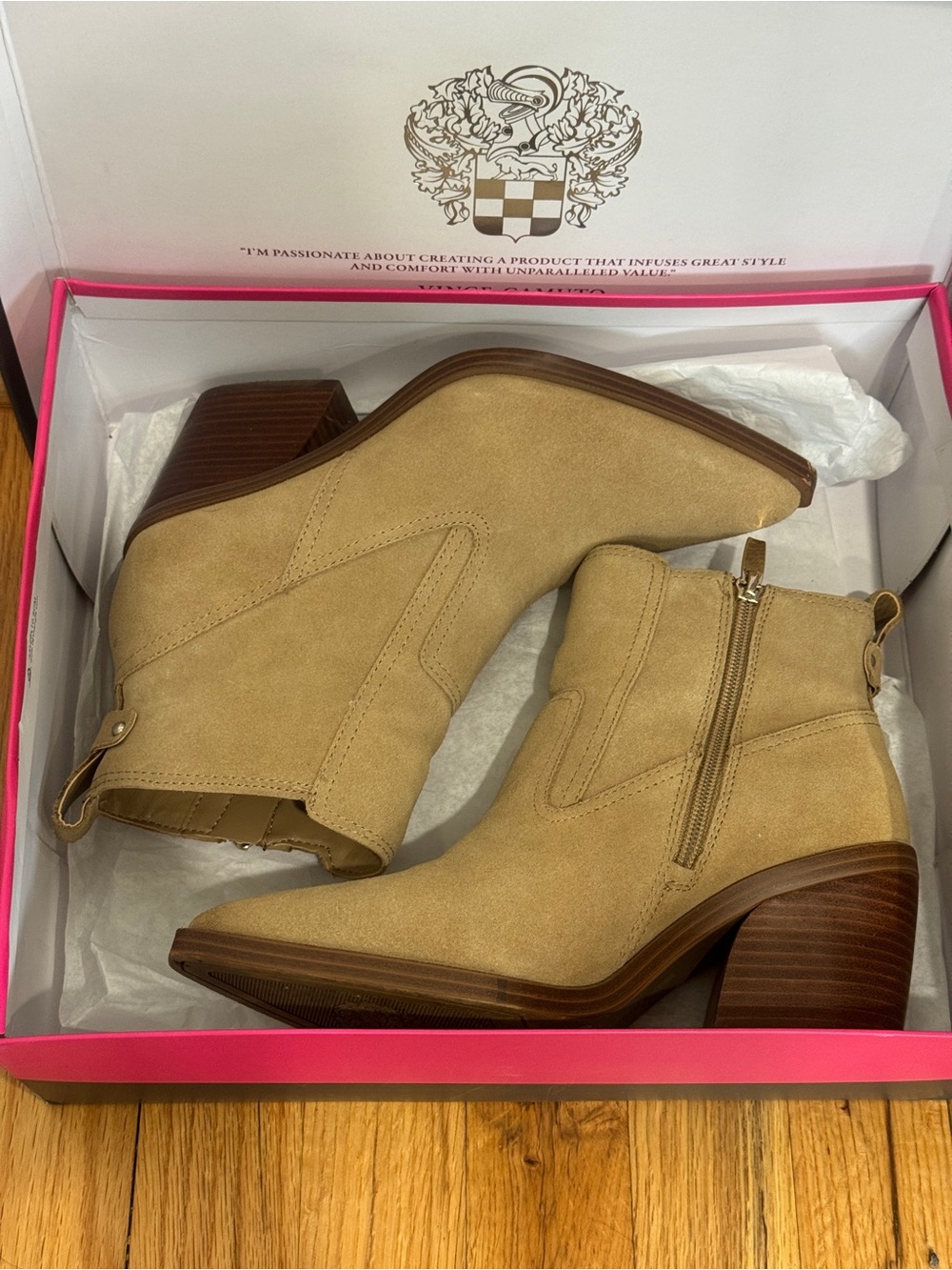 Vince Camuto Beige Suede Ankle Booties with Stacked Heel